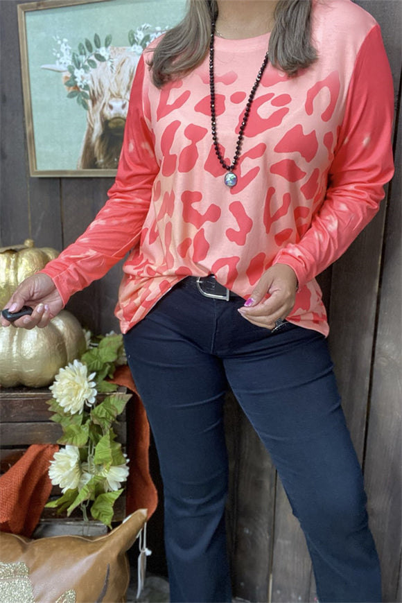 Leopard coral color printed long sleeve women tops XCH15203(DS4)