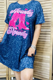 XCH14366 Fuchsia boot graphic blue leopard printed short sleeve w/side pockets women dress