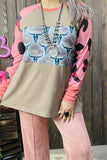 XCH14270 Bull & leopard color blocked raglan long sleeve women tan tops (DS9)