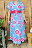 XCH15912 Fuchsia multi color floral printed short sleeve w/double trim long women blue dress w/side pockets