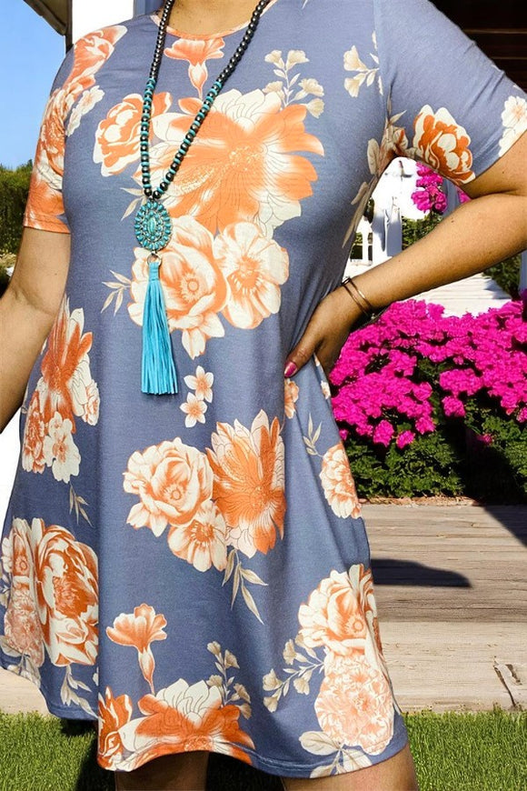 Plus size Dress wholesale Floral printed short sleeve women dress w/pockets GJQ11312 (AS13)