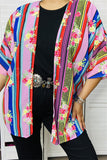 YT1213 Multi color striped shear kimono w/floral & leopard print for women