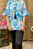 BQ15867 Wave graphic teal&turquoise short sleeve w/ruffle women tops