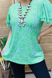 GJQ15836 White leaves printed double ruffle short sleeve green women tops