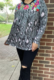 XCH14775 Camo/Leopard printed multi color w/embroidery design black neckline long sleeve loose women tops