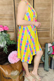 BQ10655 Yellow/pink Aztec multi color printed sleeveless dress w/pockets