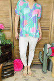 XCH15900 Turquoise&pink&purple multi color printed V-neckline w/colorful trim short sleeve w/tight cuff women tops