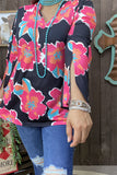 GJQ15749 Turquoise/Fuchsia/Orange floral printed 3/4 sleeve w/side split women black tops w/v-neckline