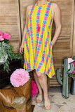 BQ10655 Yellow/pink Aztec multi color printed sleeveless dress w/pockets