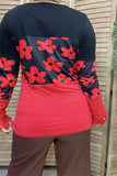 BQ15286 Floral printed block red/black color w/buckle lace long sleeve women tops