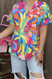 GJQ15636 Teal/mint/orange multi color printed short sleeve women top w/V-neckline