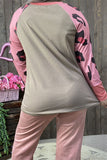 XCH14270 Bull & leopard color blocked raglan long sleeve women tan tops (DS9)