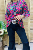 GJQ15596 Fuchsia/turquoise Floral printed double ruffle short sleeve women top