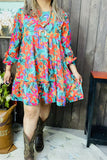 XCH15484 Multi color floral printed long sleeve w/elastic cuff loose women dress