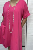 GJQ14591-1 Hot-pink women dress with short sleeve and v-neckline / side pockets(BS4