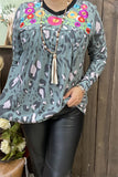 XCH14775 Camo/Leopard printed multi color embroidery black neckline long sleeve women tops