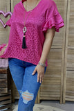 BQ15891 Fuchsia leopard printed short sleeve w/double ruffle women fuchsia tops