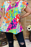 XCH15903 Multi color leopard printed double ruffle short sleeve V-neckline w/string women tops w/wave design