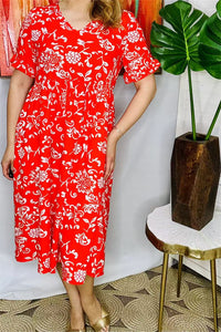 XCH15923 White floral printed short sleeve w/ruffle women dress w/side pockets
