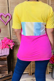 GJQ8707-2 Yellow/pink & multi color block printed short sleeve top (es7)