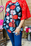 GJQ15398 Multi color floral printed red lace short sleeve w/raglan design women  tops