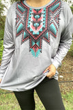 XCH11246 Aztec multi color printed gray fabric background long sleeve women tops  IS22