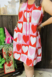 BQ14560 Pink/White/Red hearts printed sleeveless women dress w/side pockets