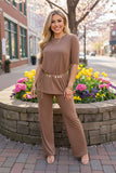 Khaki short sleeve top & straight pant 2pc women outfit sets GJQ15828 (GS7)