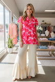 Chic Red and pink floral printed short sleeve V-neckline women's boutique top GJQ15835 DS2