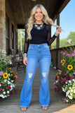 Blue distressed bell bottoms ripped women's jeans J517 IS22
