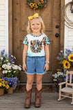 Sunflower girl t-shirt & denim shorts 2pc girls set DLH1017-10/XCH09002 A16S4