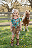 Turquoise aztec & cow prints short sleeve girls t-shirt & leopard shorts girls set DLH10821-2/DLH2771