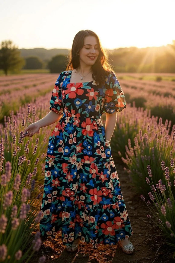 Plus size maxi dress floral printed short sleeve & square collar women dress BQ16258
