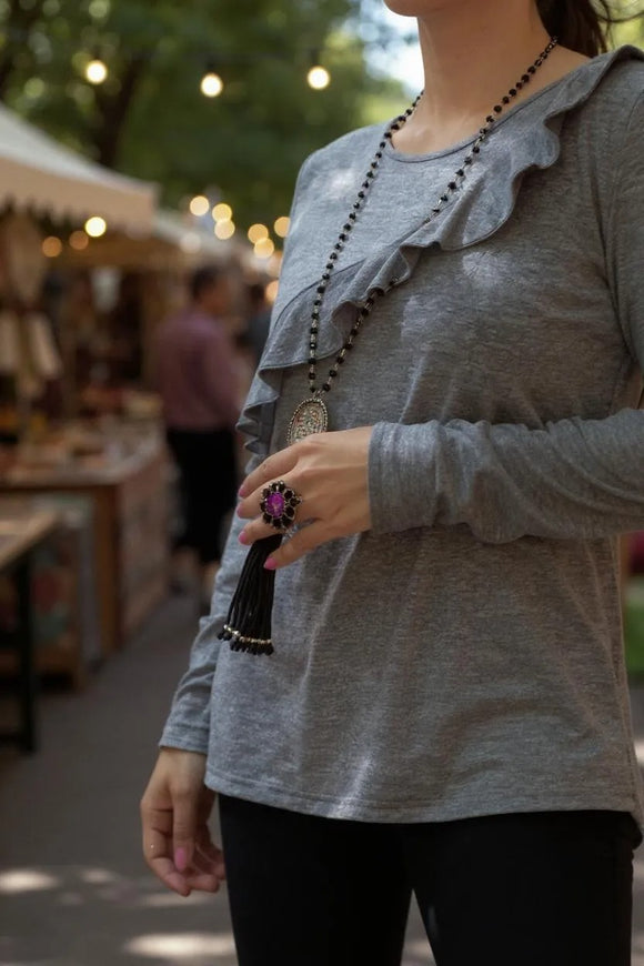 Solid Gray long sleeve women tops w/ruffle BQ15133 (CS11)