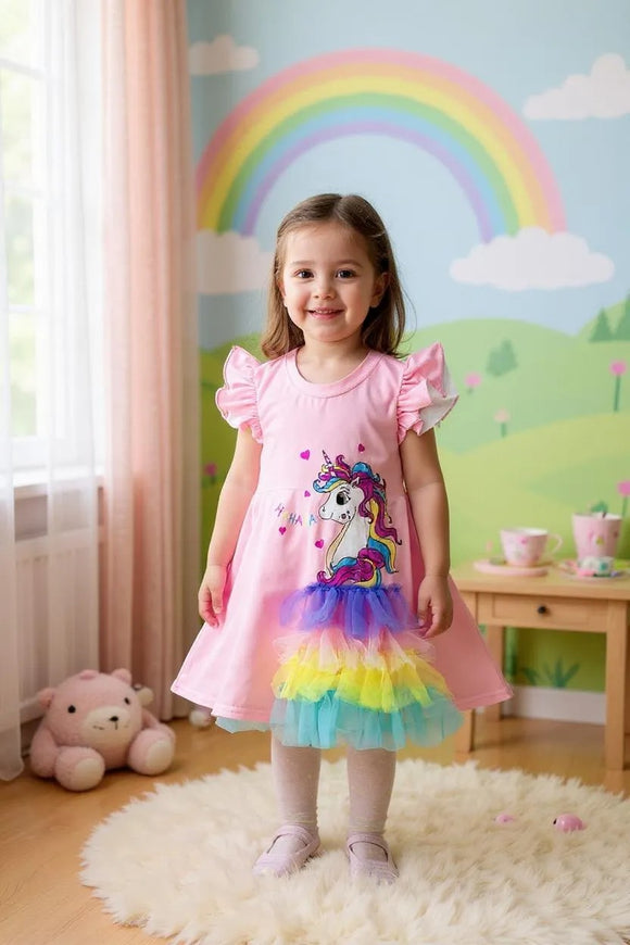 Pink unicorn printed flutter short sleeve girsl dress with chiffon ruffle DLH2881