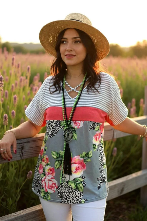 Leopard floral printed & striped color block short sleeve women top YMY10266  (CS11