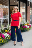 BQ16051 Ruffle/bell gathering short sleeve red women top GS3