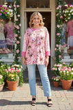 XCH15107 Multi color floral prints 3/4 sleeves women tops w/side split IS2