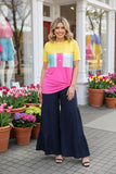 Yellow/pink & multi color block printed short sleeve top w/knot GJQ8707-2 (es7)