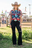 Western Aztec print & Leopard bell short sleeves women top GJQ14404 IS2