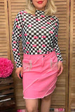 Southern Stitch Checkered 8-ball cherries printed sheer long sleeve women blouse XCH17027