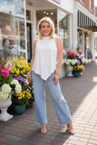 BQ14863 High low White sleeveless women top with rhinestone fringe FS11