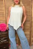 BQ14863 High low White sleeveless women top with rhinestone fringe FS11