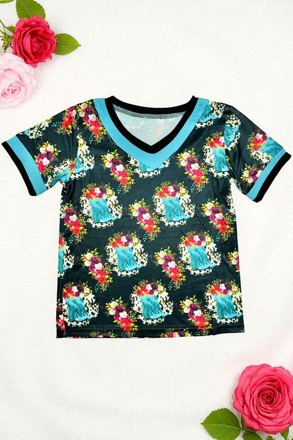 Western boots & floral printed short sleeve girls t-shirt DLH10821-3
