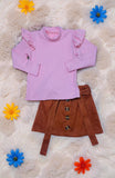 Ribbed knitted fabric long sleeve top brown skirt 2pc girls sets DLH2813 A10S6