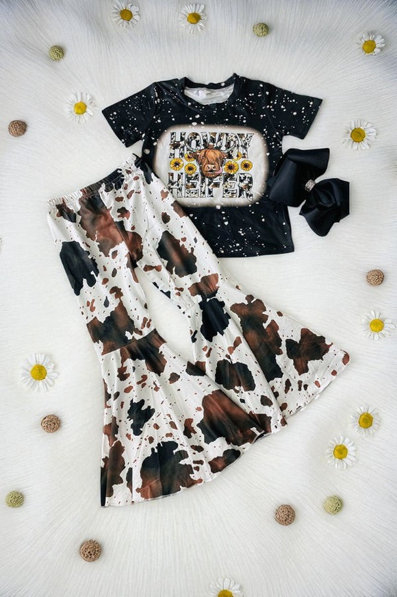 HOWDY HEIFER black short sleeve top cow bell bottom 2pc girls clothing sets DLH2636 (A5S1)
