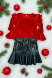 Red velvet ruffle sleeve top & leather skirt girls outfit sets DLH2635 (A5S4)