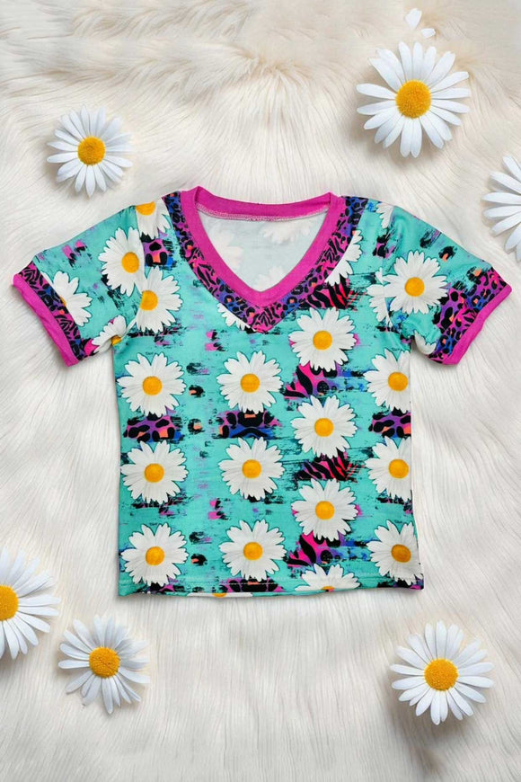 Western daisy & animal printed short sleeve girls t-shirt DLH10821-1