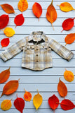 Brown plaid long sleeve unisex fleece children shirts w/pockets DLH2856 A11S1
