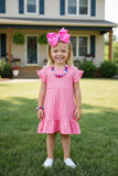 Buy Pink stripped ruffle short sleeve dress w/adjustable pink belt XCH0555-7H (A2S7)